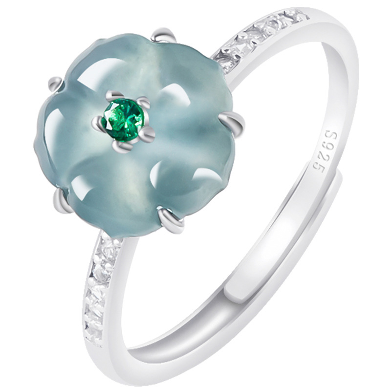 Woman Accessory - Blue Burmese Jadeite Flower Rings 925